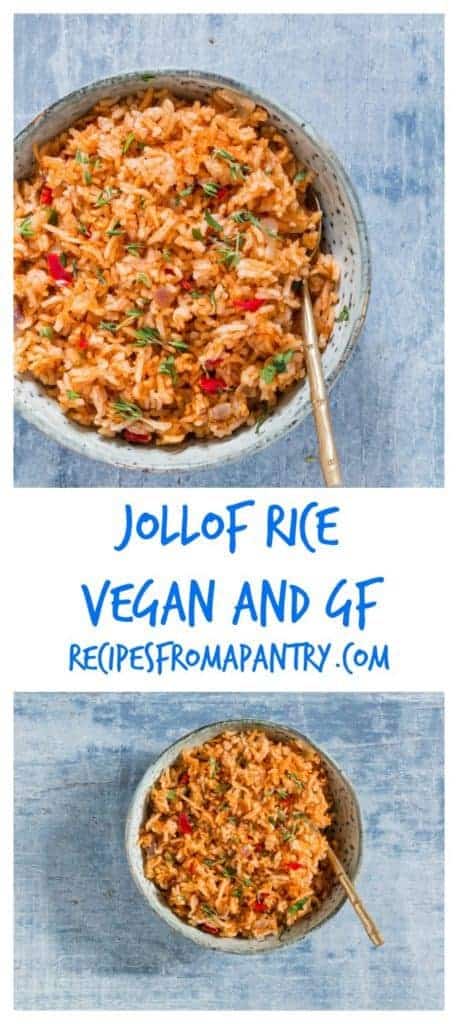 African recipe- Jollof rice (Benachin) is made with rice, tomatoes, stock, onions and any number of variable meats, spices. Vegan and gluten-free. Recipesfromapantry.com
