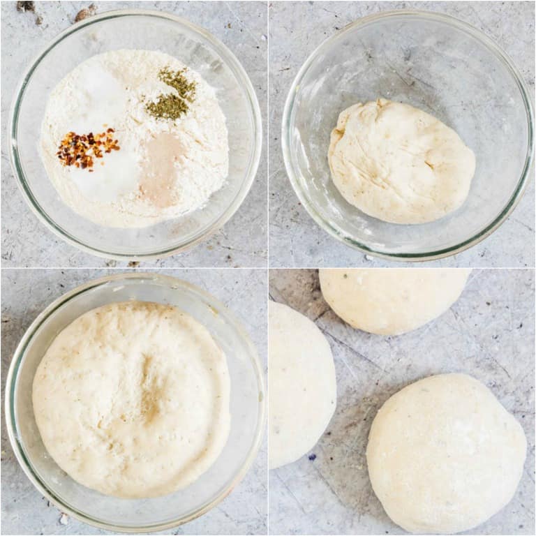 image collage showing the steps for making chili herb pizza dough