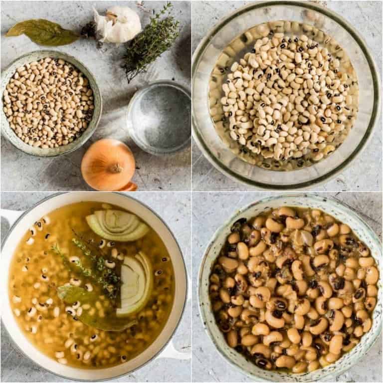 image collage showing the steps for making black eyed beans