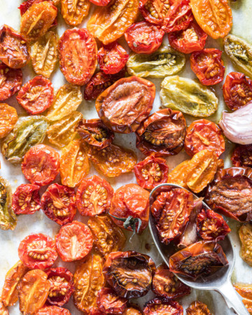 a tray of cooked slow roasted tomatoes