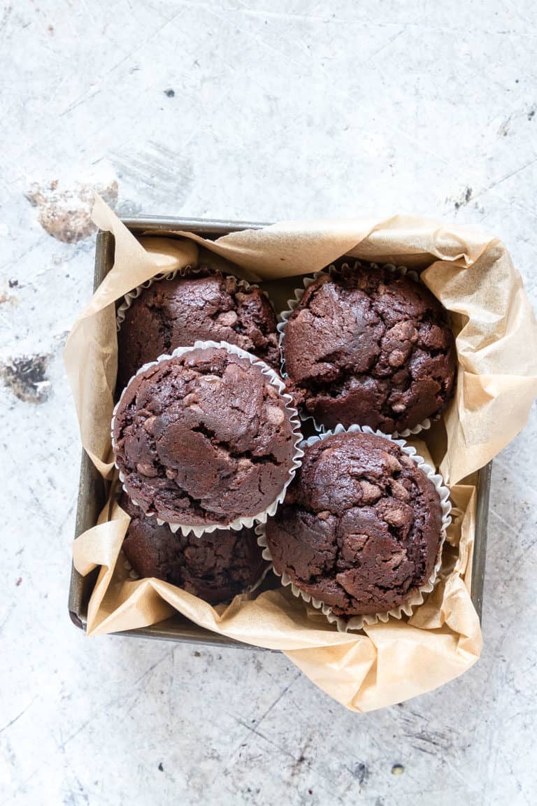 easy chocolate banana muffins in a container