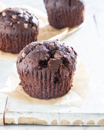 3 easy chocolate banana muffins on a table
