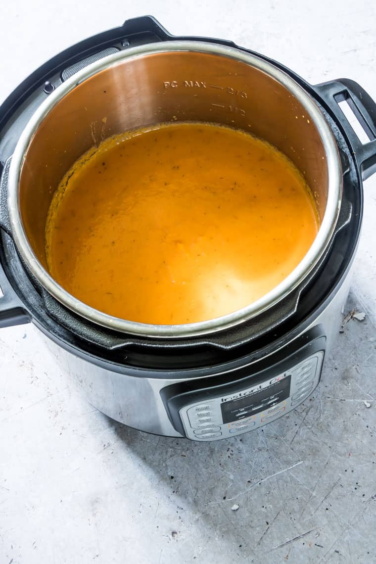 cooked vegan pumpkin soup inside the instant pot