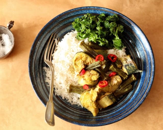 Roast Okra and Fish Curry with Garlic Kale