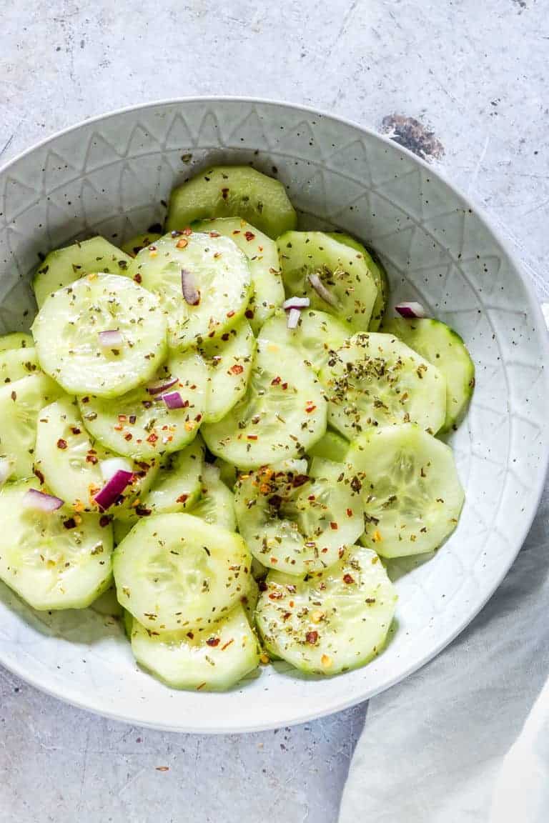 close up shot of chili cucumber salad