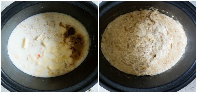 crockpot apple cinnamon oatmeal before and after cooking inside crockpot