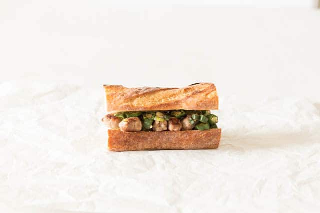 side view of okra sandwich with sausages inside