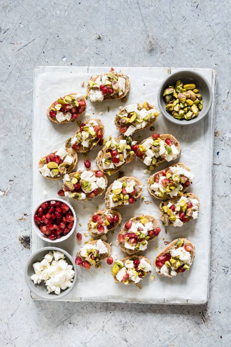 Need some easy Christmas Appetizer recipes? Then look no further than these colourful Pistachio, Feta and Pomegranate Crostini.