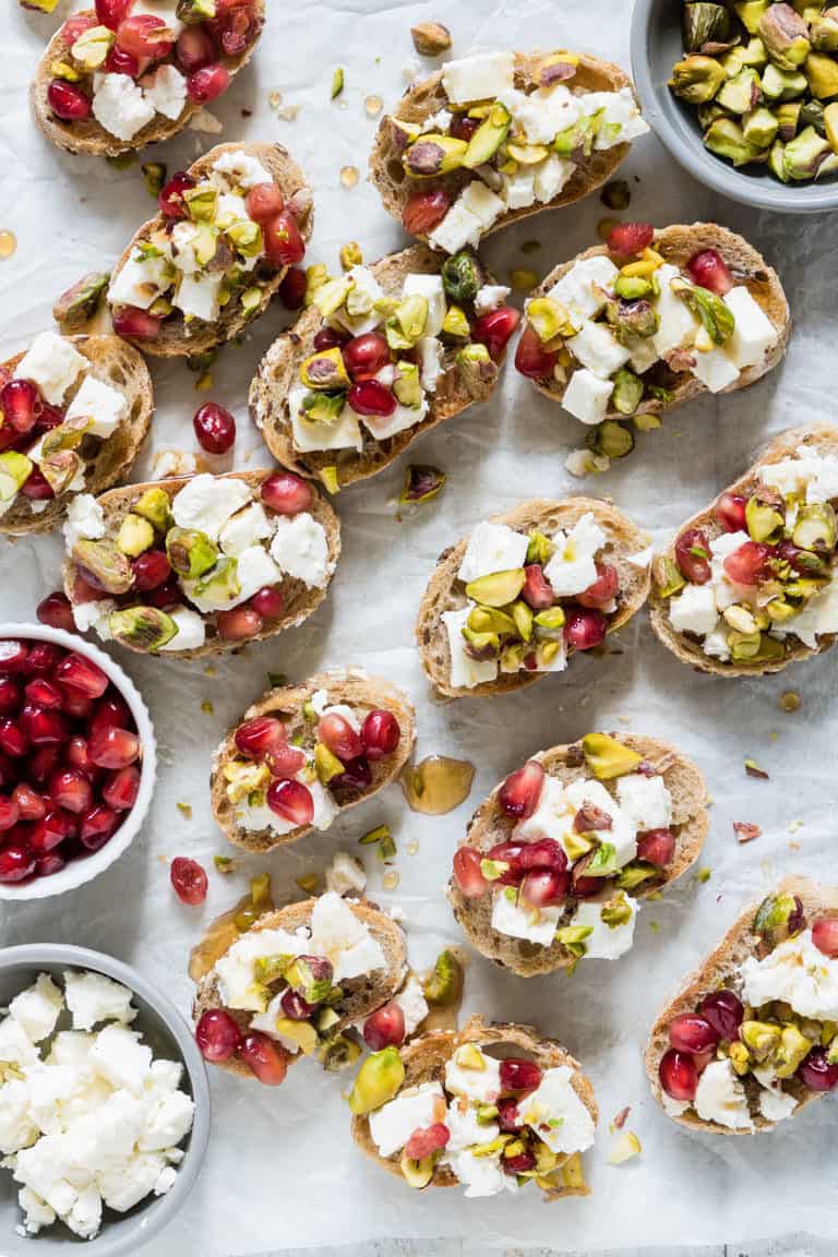 An easy Christmas Appetizer recipes? Then look no further than these colourful Pomegranate Feta and Pistachio Crostini. 