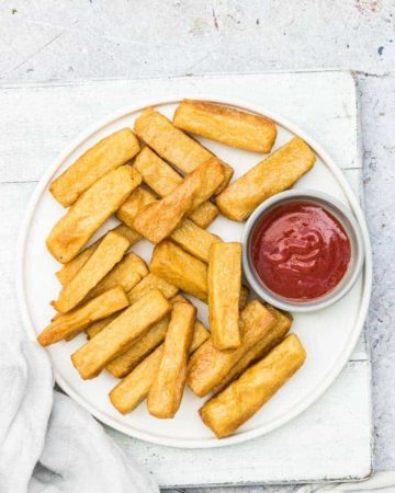 plate of air fryer polenta fries with ketchup