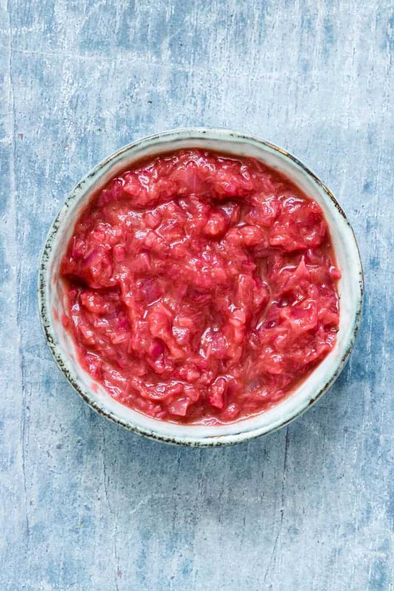 close of a bowl of savory rhubarb sauce