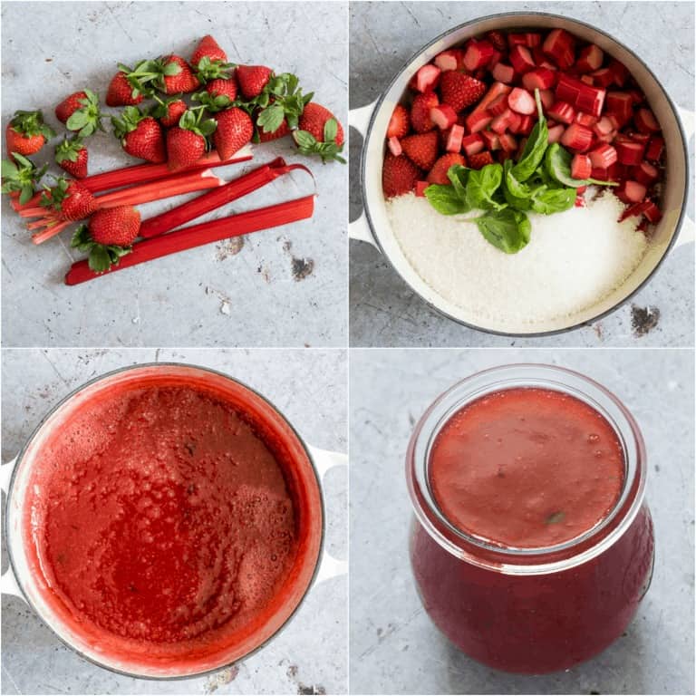 image collage showing the steps for making basil strawberry rhubarb jam