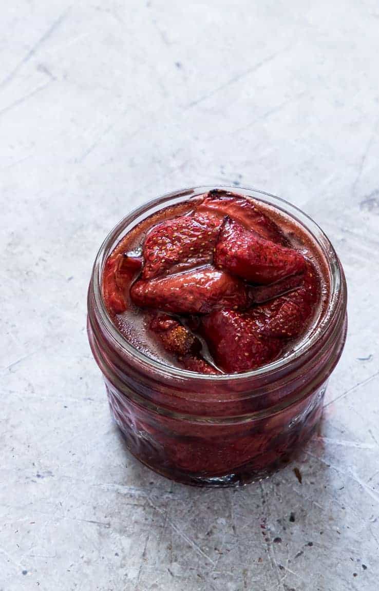 balsamic roasted strawberries inside a small glass jar