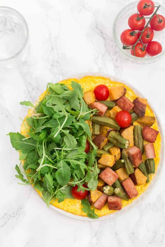 open-faced omelette with sweet potato, okra and spam – sierra leone flavours