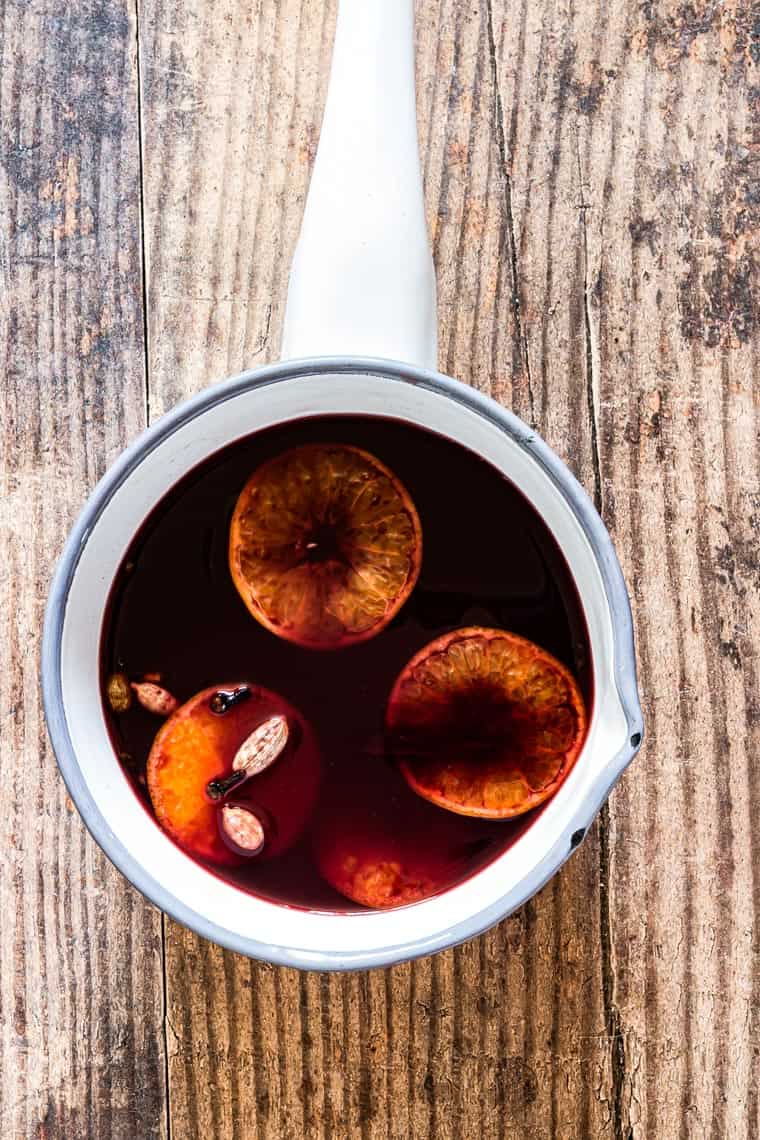 stove top mulled wine in a pot