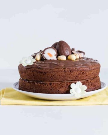A side on view of a nutella cake with nutella frosting topped with cadbury creme eggs