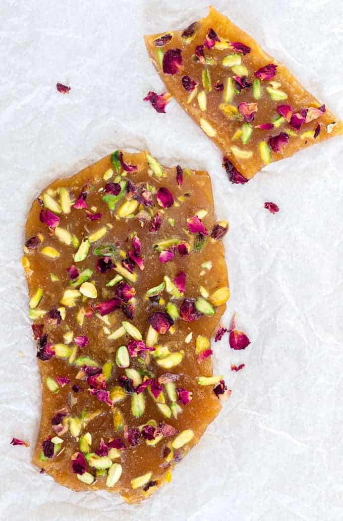 Saffron Pistachio Cardamom Butter Toffee with Rose Petals