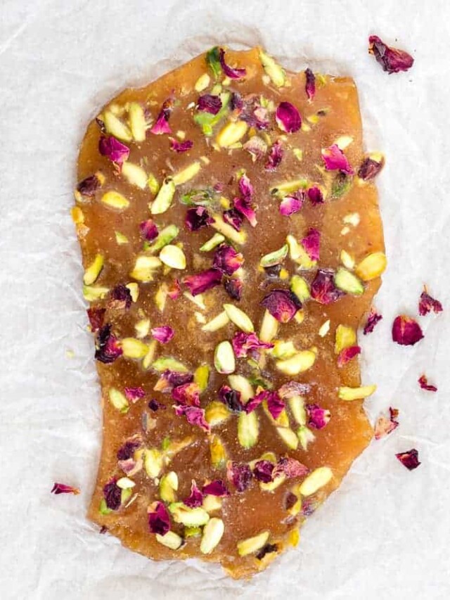 Saffron Pistachio Cardamom Butter Toffee With Rose Petals Story