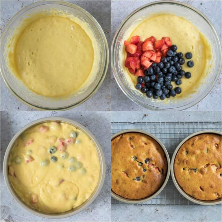 image collage showing the steps for making strawberry blueberry cake