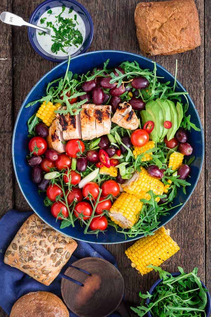 a summer grilled corn, chicken and grape salad {gf} {zyliss swift dry salad spinner review}