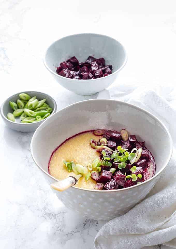 Cheesy Polenta with Maple Balsamic Roasted Beetroot {Vegetarian, Gluten Free}