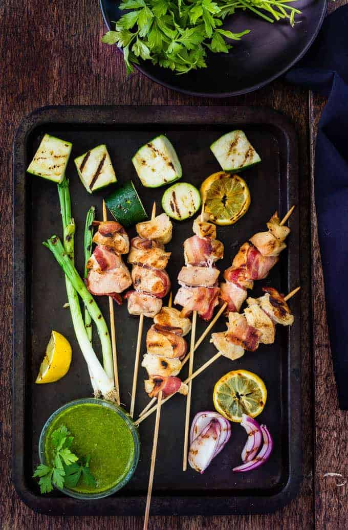 Bacon and Chicken Skewers With Basil Chimichurri | Recipes From A Pantry
