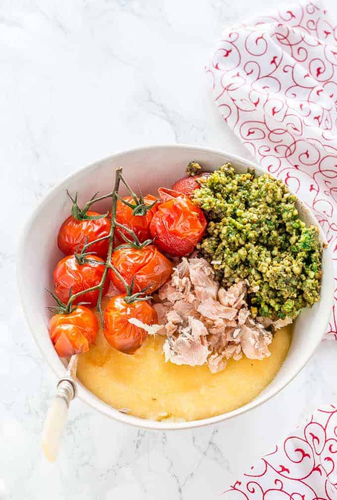 salmon-polenta-bowls-with-roasted-tomatoes-and-pesto-2 | | Recipes From A Pantry