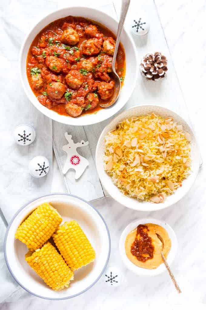 Harrisa Meatballs, Saffron Rice and Harissa Butter Corn | Recipes From A Pantry