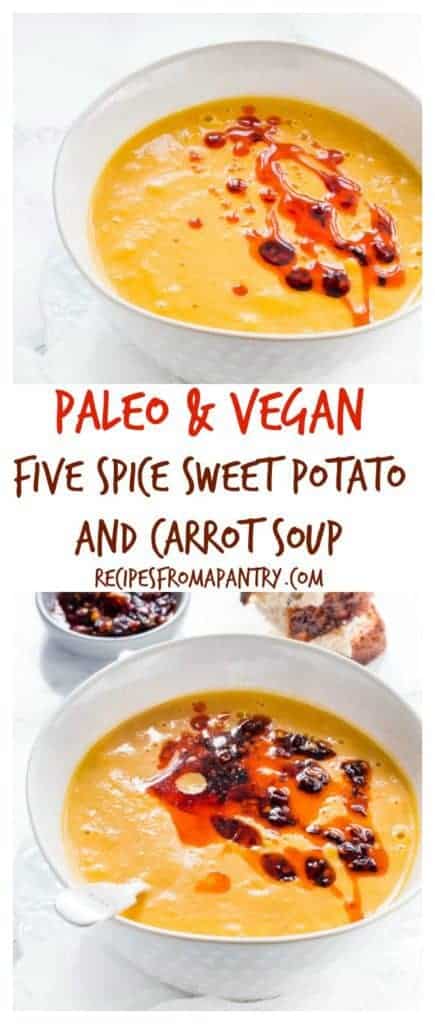 Easy five spice sweet potato and carrot soup is so thick, velvety and tasty. It is a vegan, gluten free and paleo soup recipe too. #paleosoup #vegansoup #sweetpotatoandcarrotsoup #sweetpotatosoup #carrotsoup