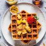 Easy vanilla buckwheat gluten free waffles - made with just 6 ingredients. Plus the maple pineapple topping is really good - recipesfromapantry. #glutenfreewaffles #easyglutenfreewaffles #buckwheatflourwaffles #glutenfreewafflesrecipe #fluffyglutenfreewaffles