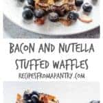 These crispy bacon and Nutella stuffed waffles make an amazing breakfast or brunch recipe. Add blueberries and maple syrup for an extra treat. | recipesfromapantry.com