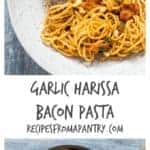This garlic harissa bacon pasta recipe is incredible simple. Made from 5 ingredients aka garlic, pasta, spring onions, harissa and bacon. | recipesfromapantry.com