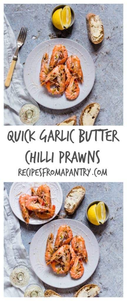 These quick garlic butter chilli prawns are made with 7 ingredients – garlic, butter, olive oil, chilli, coriander spring onions and prawns. | recipesfromapantry.com