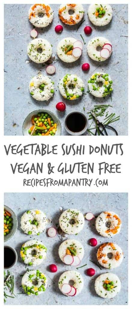 Vegetable Sushi Doughnuts - A simple vegetable sushi doughnuts recipe made with 5 ingredients - mixed vegetables, sushi rice, maple syrup, mirin & rice vinegar. Vegetable sushi donuts. | recipesfromapantry.com