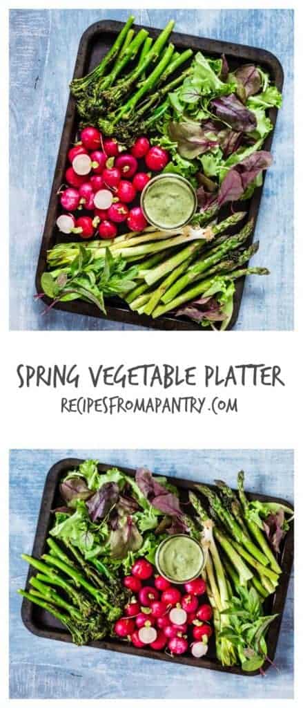 Spring Vegetable Platter And Avocado Green Goddess Dip - asparagus, broccoli, radishes, sorrel and mint - recipesfromapantry.com