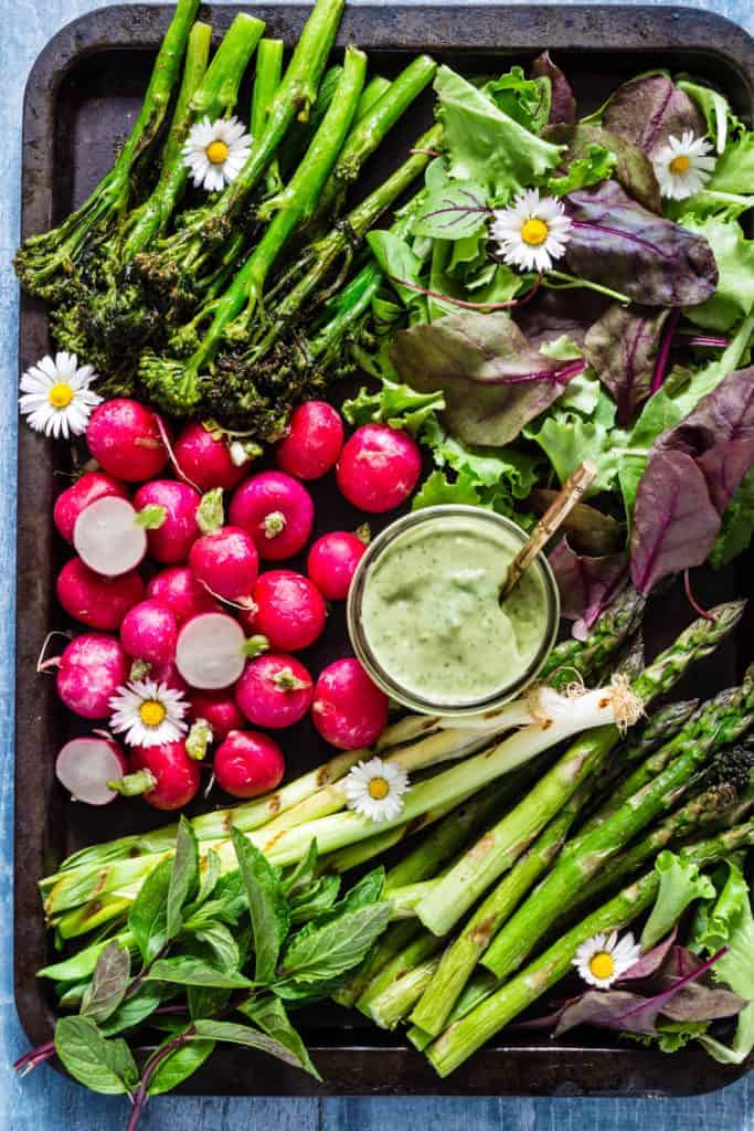 Spring Vegetable Platter And Avocado Green Goddess Dip with asparagus, broccoli, radishes, sorrel and mint - recipesfromapantry.com