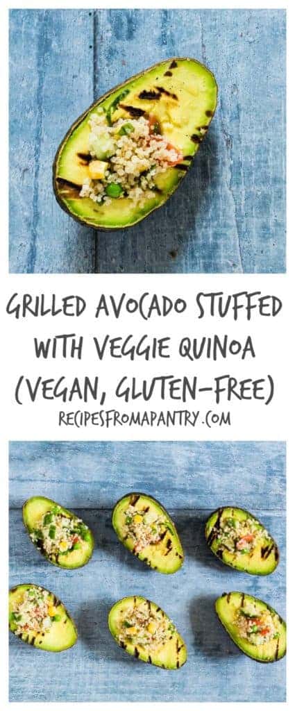 This grilled avocado stuffed with veggie quinoa is a fun veggie BBQ recipe. This is vegan and gluten-free too. Recipesfromapantry.com