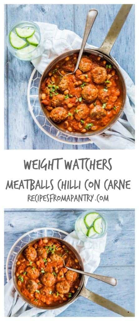 These Weight Watchers meatballs chilli con carne are an easy one pot recipe with lower fat and only 371 calories per serving. Recipesfromapantry.com