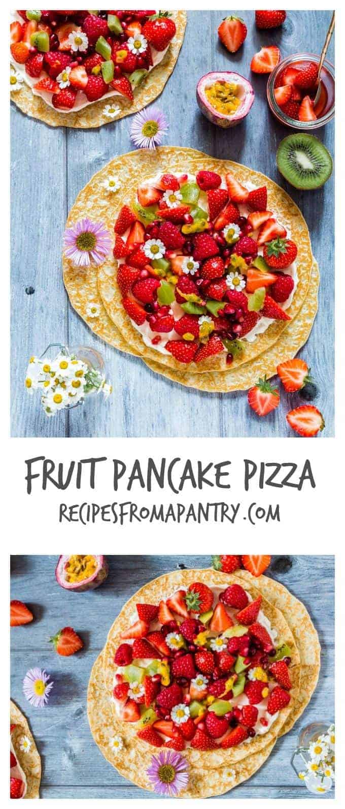 Easy fruit pancake pizza recipe perfect for cooking with kids. Made with pancakes, cream cheese, strawberries, kiwis and raspberries. recipesfromapantry.com