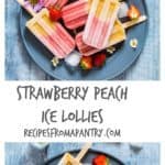 Simple 5 ingredients peach strawberry ice lollies – made with strawberries, banana, milk, maple syrup and peaches. Recipesfromapantry.com