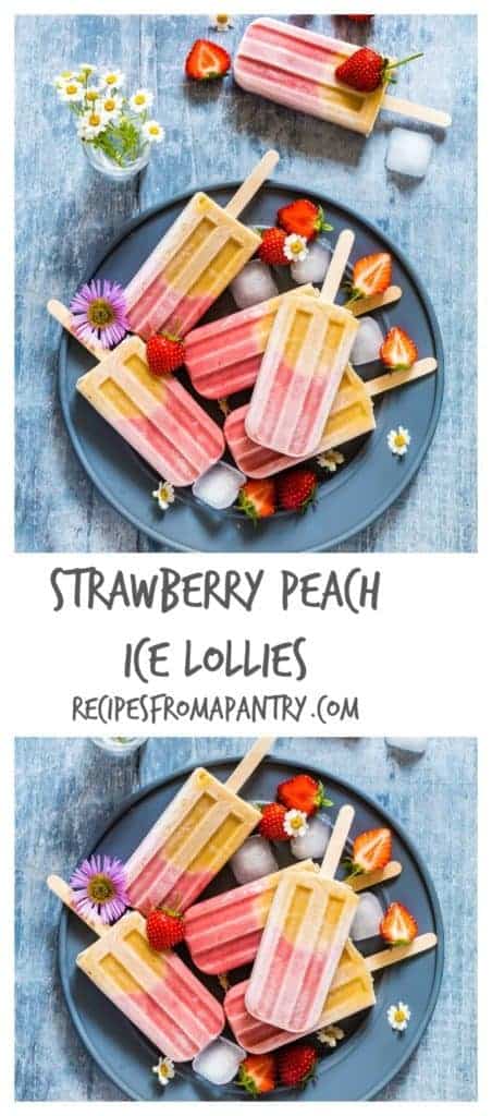 Simple 5 ingredients peach strawberry ice lollies – made with strawberries, banana, milk, maple syrup and peaches. Recipesfromapantry.com