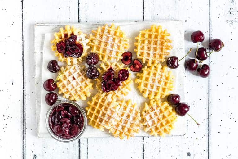 You must make these waffles with cherry sauce recipe. The cherry sauce is made with 3 ingredients cherries, maple syrup and water. Recipesfromapantry.com