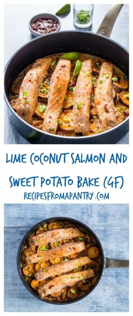 Easy lime coconut salmon and sweet potato bake recipe. A one pot recipe with tender salmon on sweet potato with zesty flavours. recipesfromapantry.com