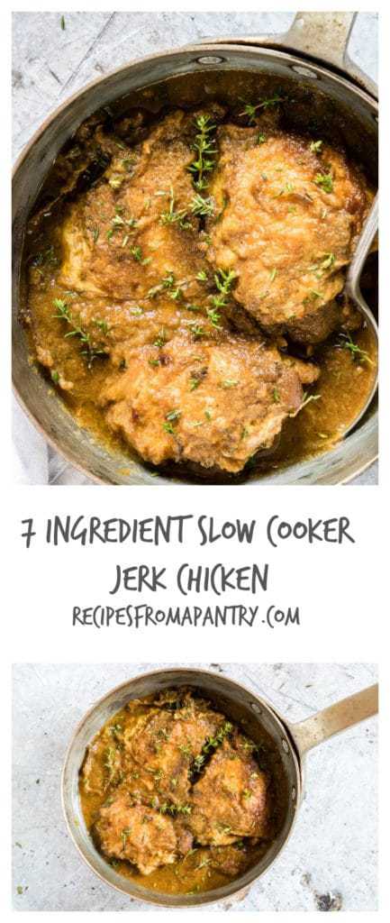 Need an easy meal, then try this 7 ingredient slow cooker jerk chicken recipe. Made with pantry staples & full of the best Caribbean flavors. recipesfromapantry.com #slowcookerjerkchicken #crockpotjerkchicken #jerkchicken #caribbeanrecipe