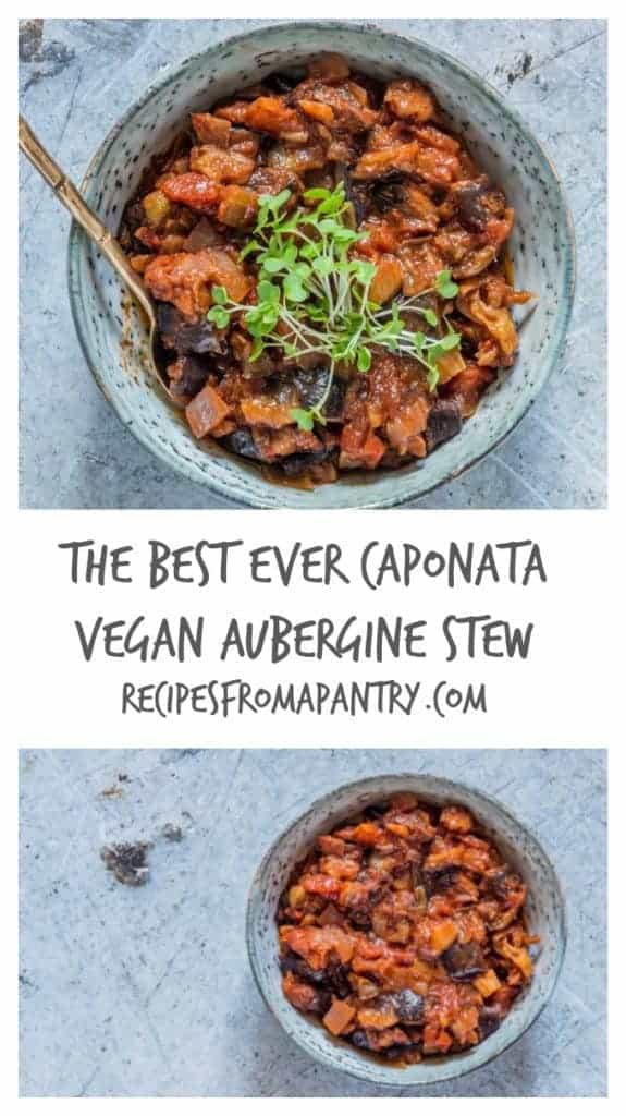 Drop everything and make this really easy Caponata (vegan aubergine stew). This is a hearty filling recipe packed full of autumn vegetables. recipesfromapantry.com #caponata #auberginestew #eggplantstew