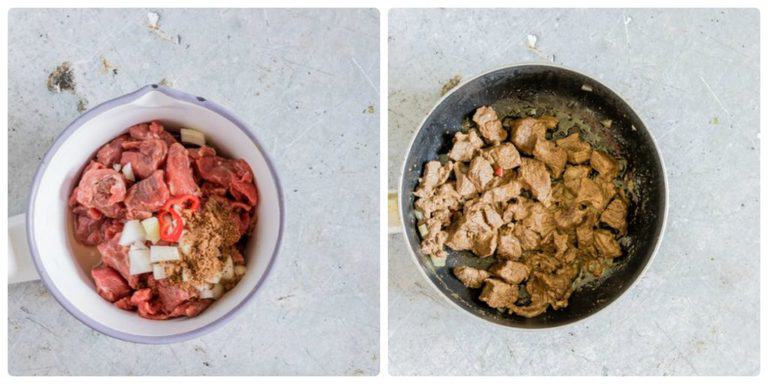 Beef and seasoning pre steaming and Steamed beef - to make cassava leaves sauce 