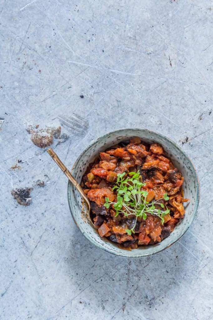 Drop everything and make this easy Caponata (vegan aubergine stew). This is a hearty filling recipe packed full of autumn vegetables. recipesfromapantry.com #caponata #auberginestew #eggplantstew