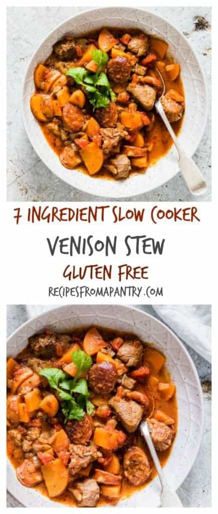 Easy weeknight supper – then make this 7ingredient slow cooker venison stew from pantry staples. Comforting, filling and over-the-top delicious. recipesfromapantrycom #slowcookervenisonstew #venison #crockpot #stew #venisonstew #slowcooker #glutenfree
