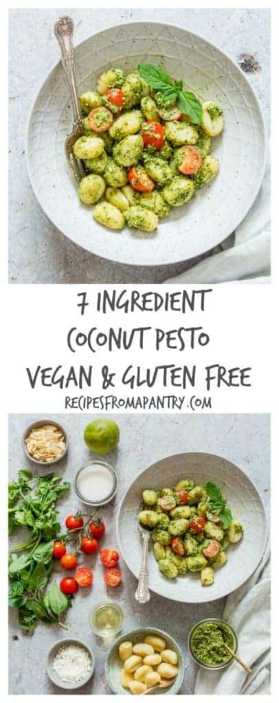 7 ingredients coconut Pesto is made with just 7 ingredients. It is a gluten free and vegan recipe that is over-the-top delicious. recipesfromapantry.com #coconutpesto #veganpesto #pesto #vegan