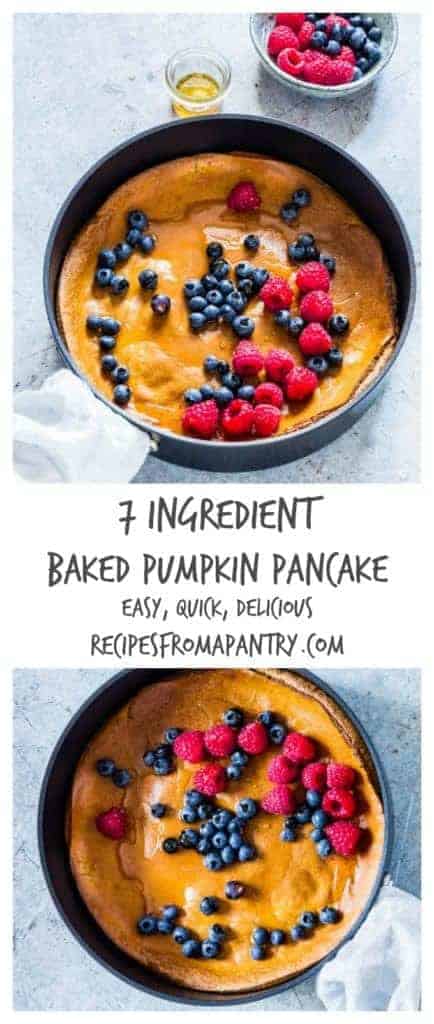 This easy 7-ingredient baked pumpkin pancake is mixed in a blender. It is made with pantry staples & warming spices - recipesfromapantry.com #bakedpumpkinpancake #pumpkinpancake #bakedpancake
